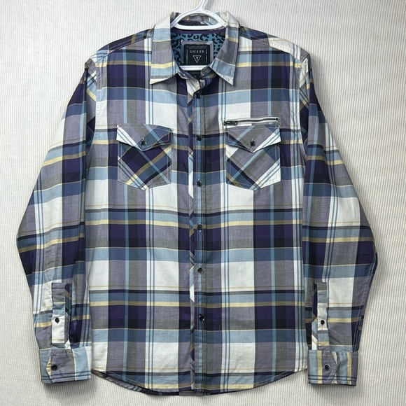 GUESS Men’s SMALL Plaid Button Front Shirt Casual Pockets Cotton Western - Picture 1 of 9